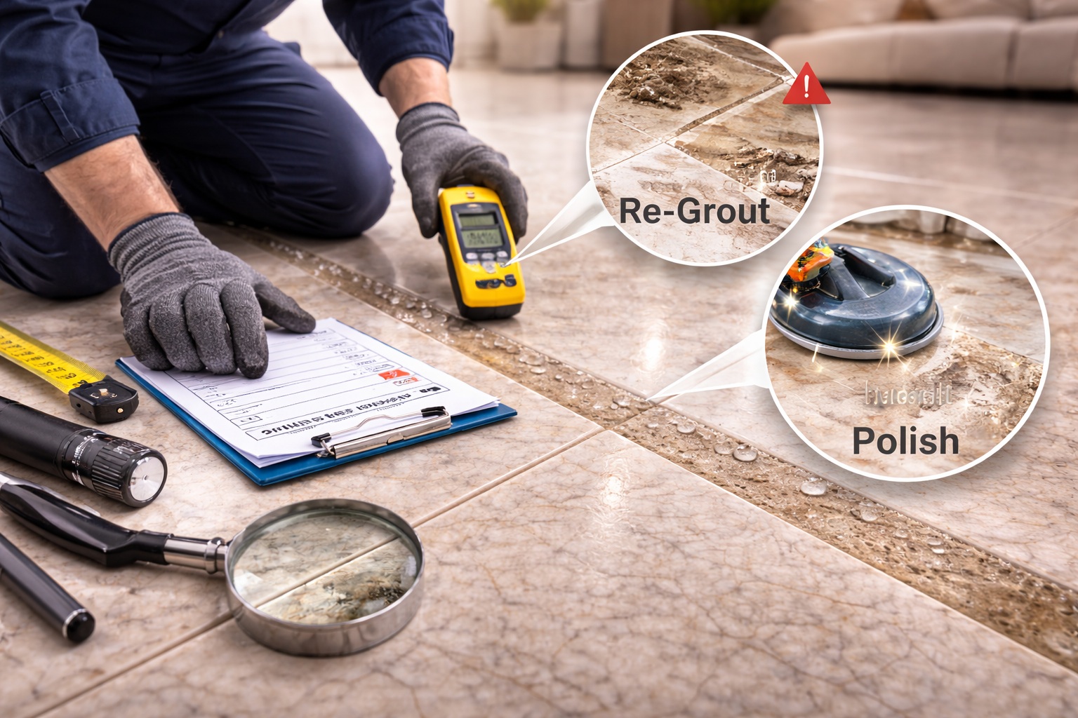 Floorify specialist inspecting tiles on-site before restoration